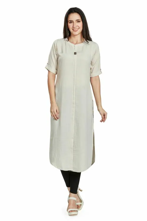 nioni Women Straight Fashionable Round Neck kurta with Folded Sleeves / Plain Kurti (Off White , M)