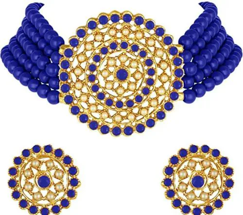 Darsha Collections Gold-Plated Alloy Blue Earring And Necklace Set (Women)l Artificial jewellary l Womens necklace l Traditional jewellary l Womens Jewellary