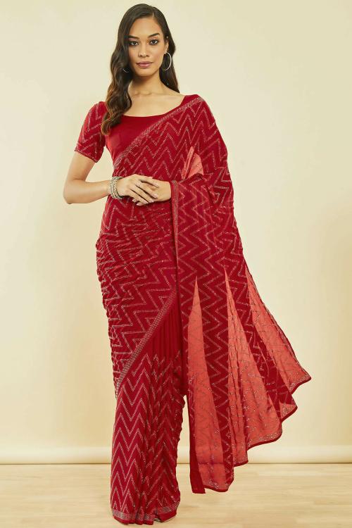 Soch Red Crepe Saree With Beads