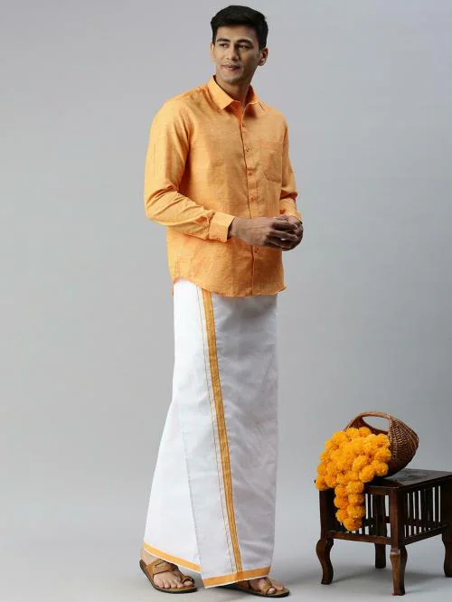 RAMRAJ Men Cotton Matching Border Adjustable Dhoti with Full Sleeve Orange shirt (38; Orange)