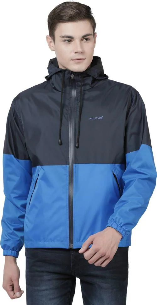 Plutus Men Blue and Black Colorblock Polyester Leather Jacket M