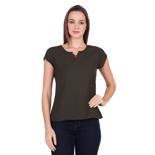 Popwings Casual Polyester Crape Solid Women Top ! Regular Relaxed Rround V Neck Sleeveless Olive Green Top for Girls