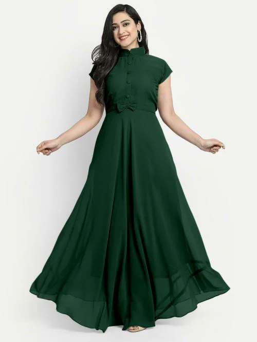 FEMVY Women Green Solid Georgette A-line Gown Dress (XL)