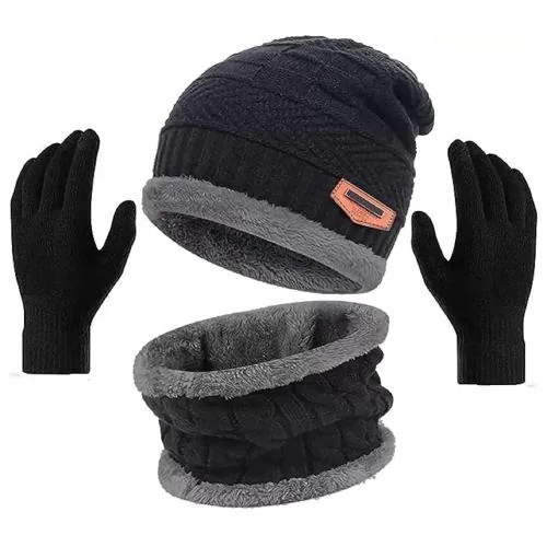 Eastern Club Winter Knit Beanie Cap Neck Warmer Scarf & Woolen Gloves Set for Men & Women (3 Piece)