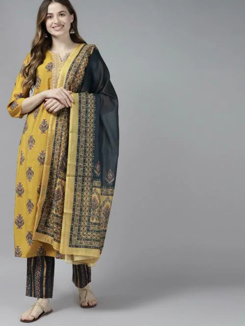 Yufta Women Mustard Yellow & Navy Blue Printed Kurta with Trousers and Dupatta