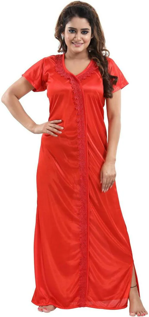 Life-Tale Women Red Lace Satin Nighty