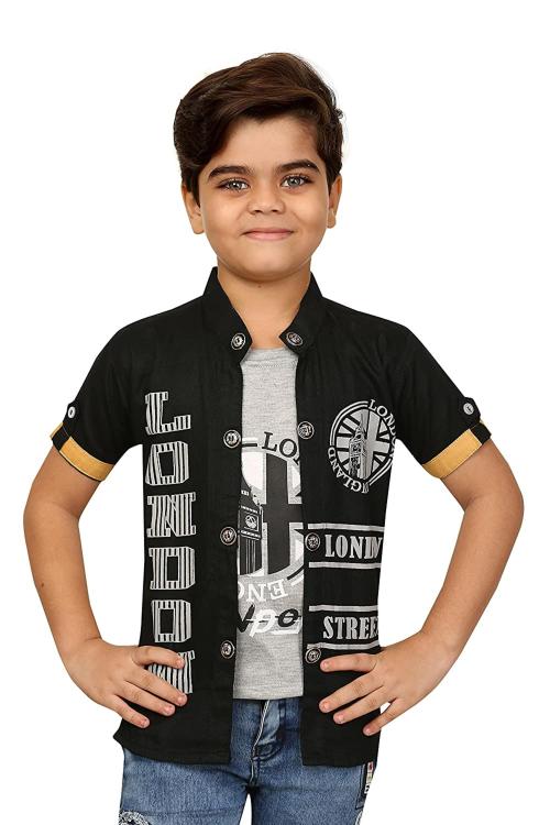 FASHION GRAB Boys Black Cotton Jacket With Attached Tshirt (12 Years-13 Years)