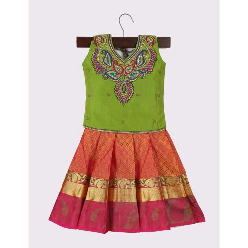 Shivangi EMB Top Girls Art Silk Pattu Pavadai Orange_18-24 M