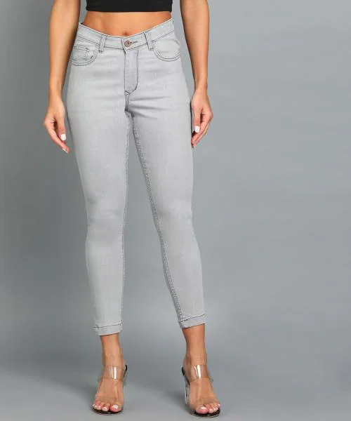 Urbano Fashion Women's Light Grey Skinny Fit Washed Jeans