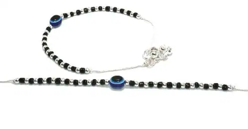 Frolics India Silver And Black Beads Stones Studded Evil Eye Ghungroo Anklet Alloy Anklet (Pack of 2)
