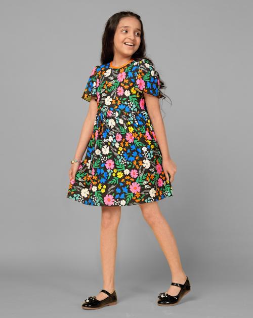 Fashion Dream Girls Black Floral Printed Polycotton Frock | Dresses | Kids Wear | Girls Dress | Kids Dress | Frock | Frock Girls | Girls Frock | Dresses For Girls | Kids Girl Dress | Frock For Girls | Baby Girl Dresses