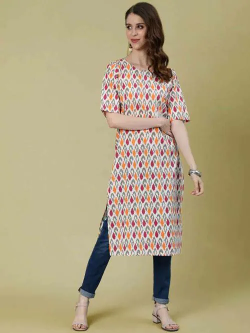 KVINNA Women Ikat Pure Cotton Straight Kurta  (Multicolor)