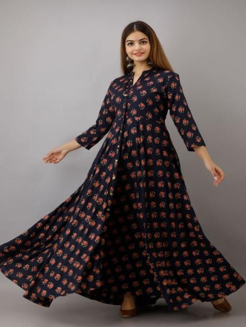 ftDiva Long Flared Printed Kurta in Dark Blue