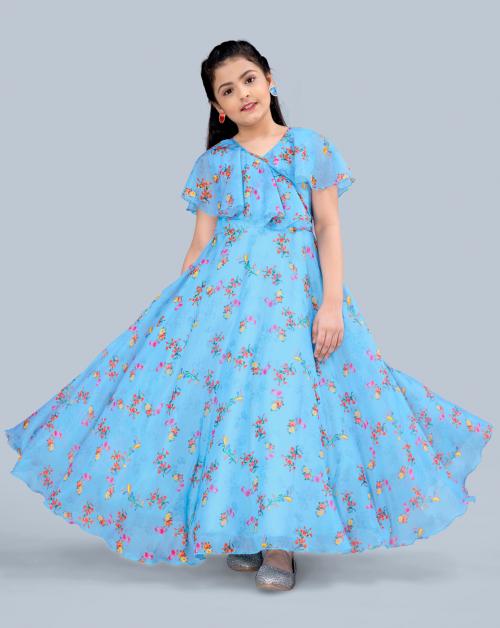 Buy Fashion Dream Girls Light Blue Floral Printed Tabby Silk Pack Of 1