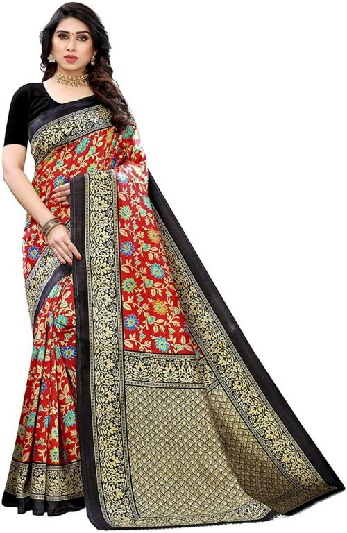 Grubstaker Women Red Printed Art Silk Regular Saree