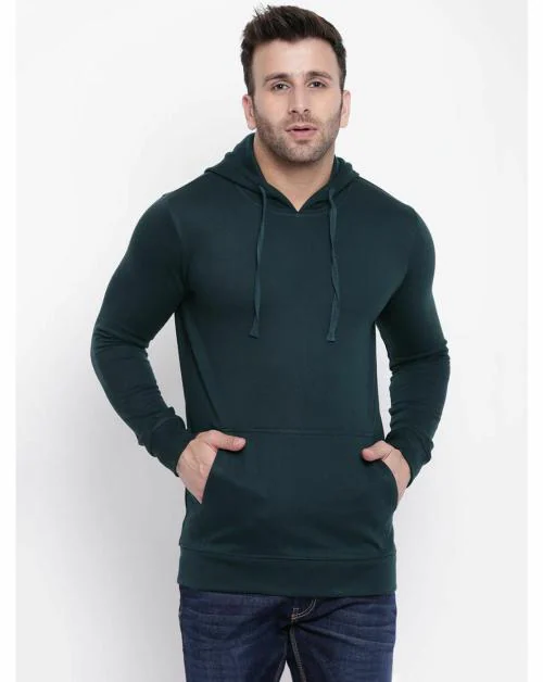 Gritstones Men Dark Green Full Sleeve Hooded Fleece Sweatshirt