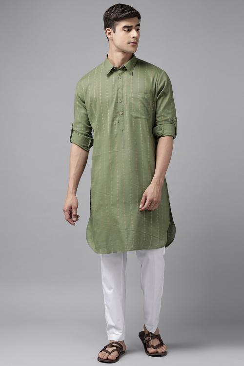 SEE DESIGNS Men Olive Regular Pure Cotton Pathani Printed Men's Kurta With White Salwar
