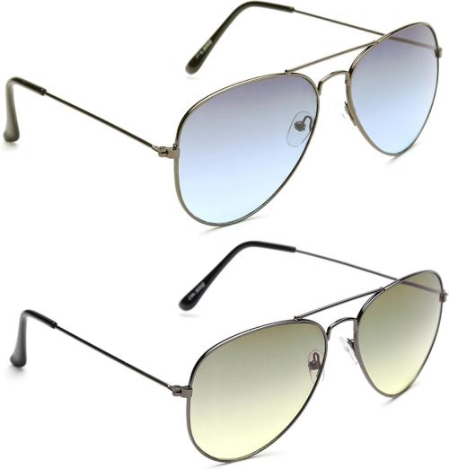 Gansta Aviator Full-Frame Blue Green Sunglasses ,Men And Women ,Pack Of 2(GN-3002-Gun-Blu-GN-3002-Gun-Grn)