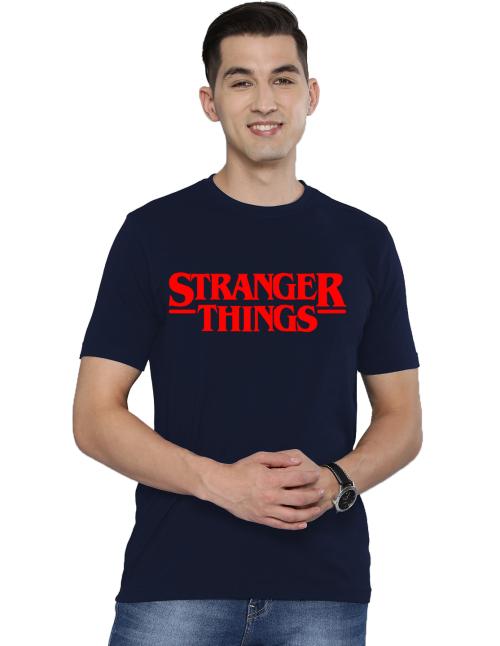 Organic Chics Stranger Things Printed Navy Blue Round Neck Half Sleeve Cotton Regular Fit Men Tshirt - (XXL)