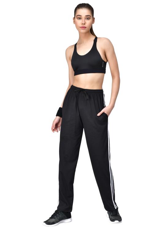 Fflirtygo Women's Black Cotton Side Strips Solid Pyjama/Track Pants With 2 Functional Pockets