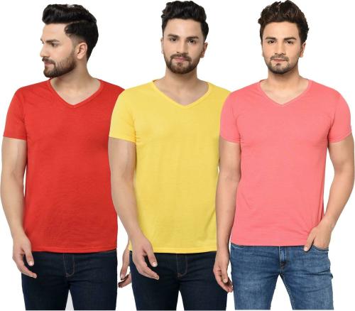 Bribzy Men Red, Yellow and Carrot Solid Cotton Blend V Neck T-Shirts (Small) -Pack of 3