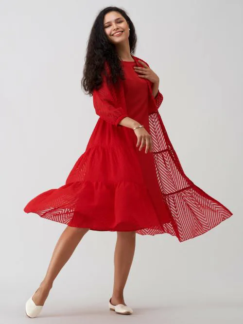 AASK Women Fancy Plain & Solid Red Color Dress For women