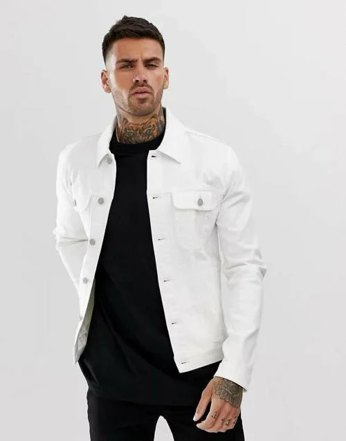 Klizen Men White Solid Denim Full Sleeve Jacket