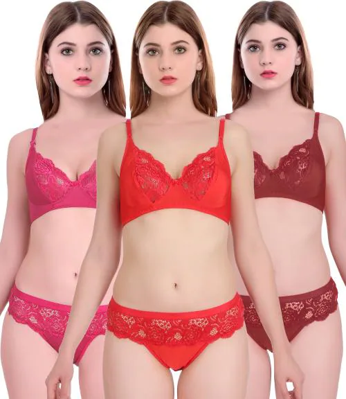 Buy In-Curve -Women Net Bra Panty Set for Lingerie Set ( Pack of 3 ) (  Color : Red,Pink,Maroon ) ( Pattern : Floral Print ) Online at Best Prices  in India - JioMart.
