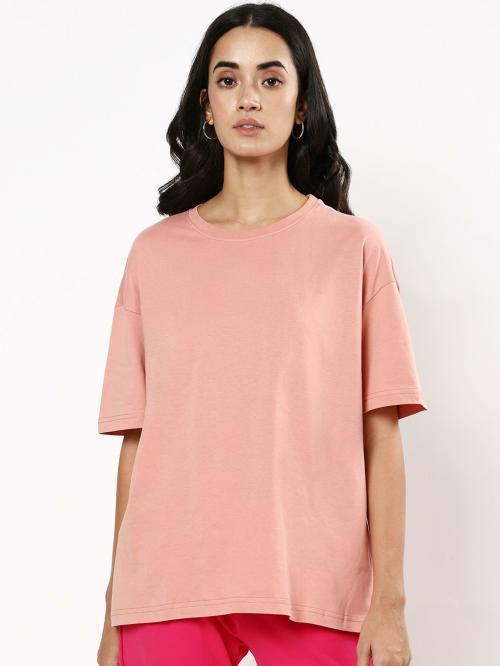 Bewakoof Women's Pink Round Neck Short Sleeve Oversized T-shirt