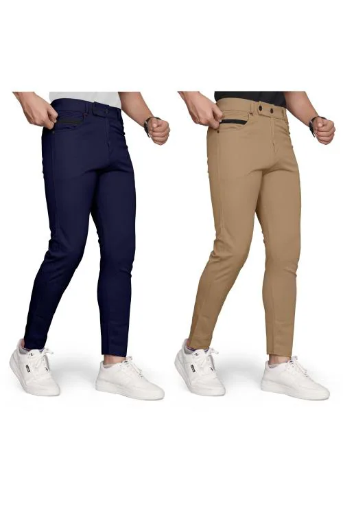 BHIKADIYA Men's Regular Fit Trouser Track Pants Stretchable Lower with Button St Slim Fit Stretchable Lycra Casual Trousers Men, Men's Straight Casual Cotton Lycra Power Stretch Trousers Pant(KHAKHI-NAVY BLUE)-L
