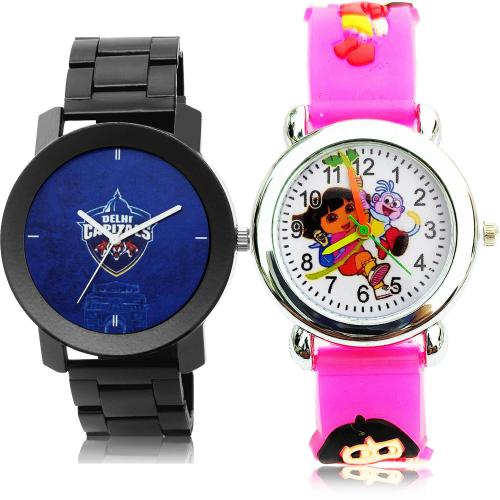 GROOT Latest Fashionable Delhi Capitals Squad (Dc) Ipl Chain And Dora The Explorer Kids Black And Pink Colour Analog Metal And Plastic Belt 2 Watch Combo For Boys And Men - IPL12-BK195