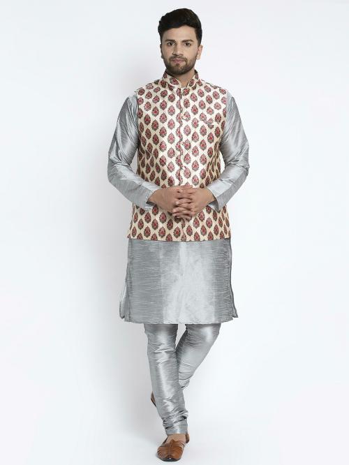 Benstoke Men's Silk Blend Grey Kurta With Pyjama & Cream Printed Nehru Jacket