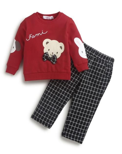 Hopscotch Boys Cotton Animal Print Sweatshirt And Pant Set In Red Colour For Ages 2-3 Years (YAH-3170634)