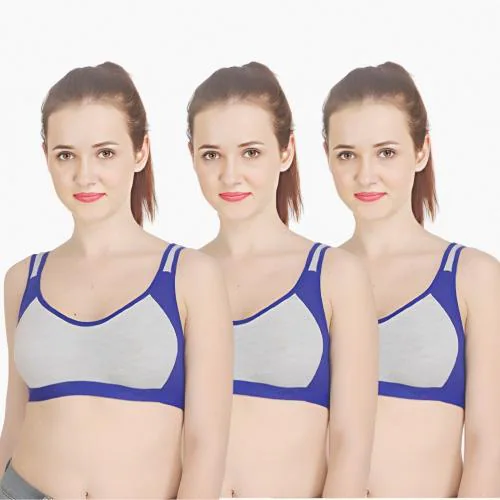 FASHION BONES Premium Quality Full Coverage Sports Cotton Blend Bra For Women | Sports Bra Pull-on Bra Combo | Soft Stretchable Cotton Breathable Fabric Sport Bra For Women - Blue (32 B)