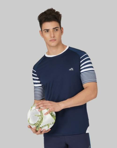 VECTOR X Men Dark Blue Solid Polyester Round Neck T-shirt