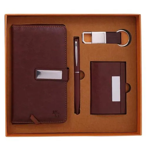 Giftana 4 in 1 Corporate Gift Set Leather Diary, Pen, Card Holder and Metal Keychain, 4 in 1 Gift Set for Corporate, 4 in 1 Employee Welcome Kit Gift Set for Husband, Brother, Sister, Father (Brown)