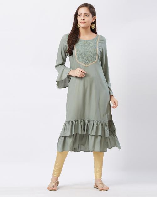 Fusion Beats Saga Green Embroidered Yoke Kurta With Bell Sleeves