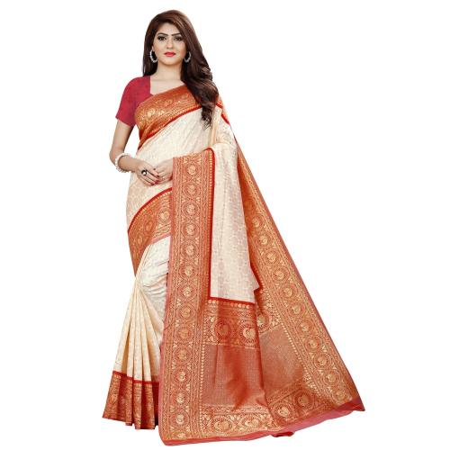 SUCESS SAREES Bold and beautiful, this Kanchipuram silk brocade green saree is all about impactful presence. Its gold zari floral brocade body exudes a charm well-supported by the contrast zari pink pallu and border