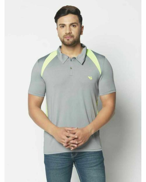 Glito Color Blocked Grey & Green Half Sleeves Shirt Collar With Button Polo T-shirts For Men's