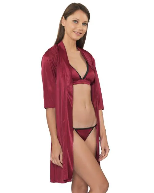 Legit Affair Pack of 3 Maroon Satin Nightdress and 2 pc Lingerie set with Robe For Women