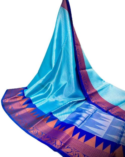 DAZZLING Women's Banarasi Kora Muslin Tanchui Saree With Blouse Piece (Sky Blue & Blue)