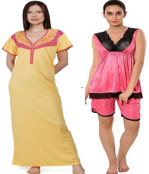 BEAUTY CRAZE Women's Hosiery Nightgown Maxy Nighty And Satin Night Suit Combo (Pack Of 2)