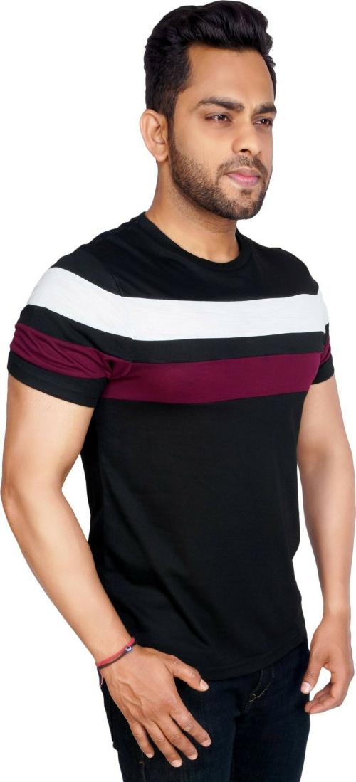 DYE VRGIN Tshirt Men Black Striped Polyester Round Neck T-Shirt, XL