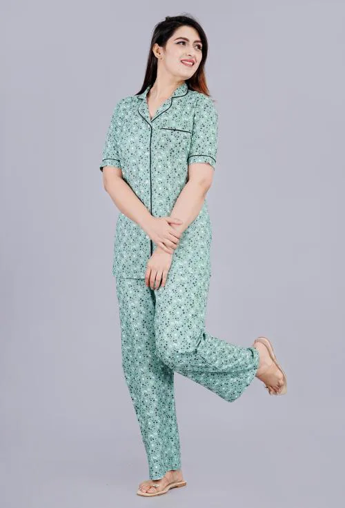 Mintmarie Women's Green Printed Night Suit Shirt & Pajama Set_S