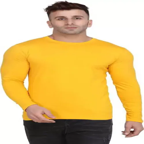 INDIZO Full Sleeve Solid Round Neck Pure Cotton Tshirt for Men | Yellow Colour | Size XL - 42 | Pack of 1