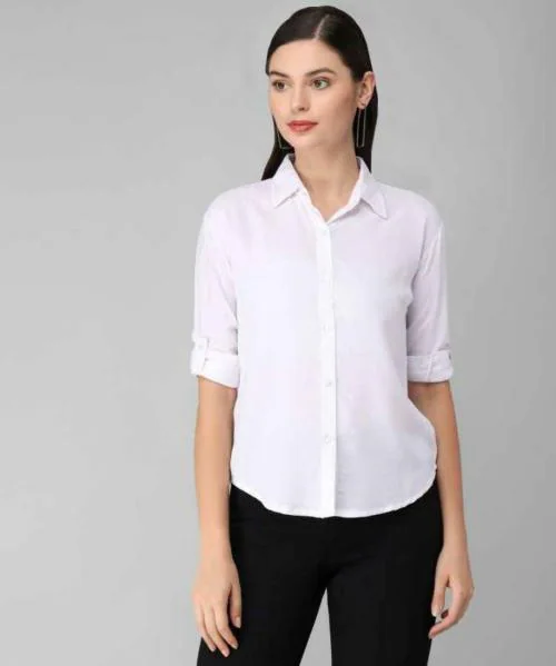 OOTPTAANG Women White Solid Rayon Casual Shirt - S