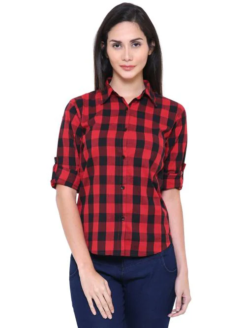 DAMEN MODE Women's Red and Black Cotton Checkered Shirt