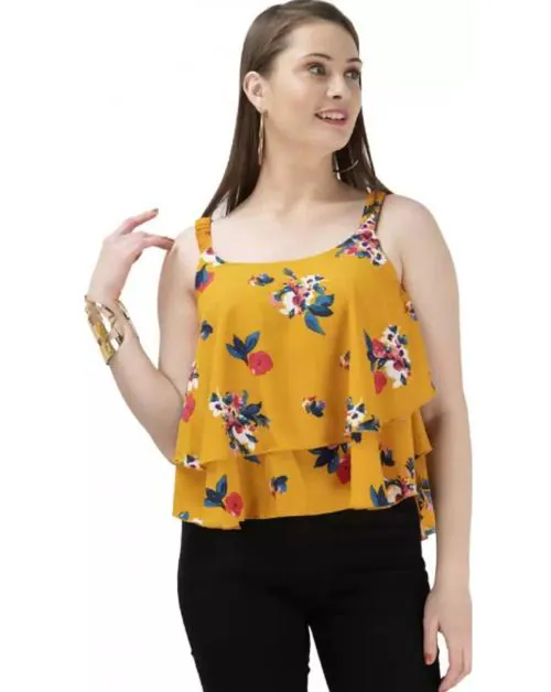 Fuoko Summer Fashion Mustard Colour Floral Printed Casual Cropped Top For Women-XXXL
