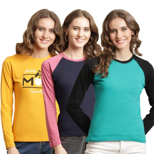 Buy Fabflee Women Full Sleeve Pure Cotton Pack of 3 Round Neck Tshirt l women tshirt l tshirt