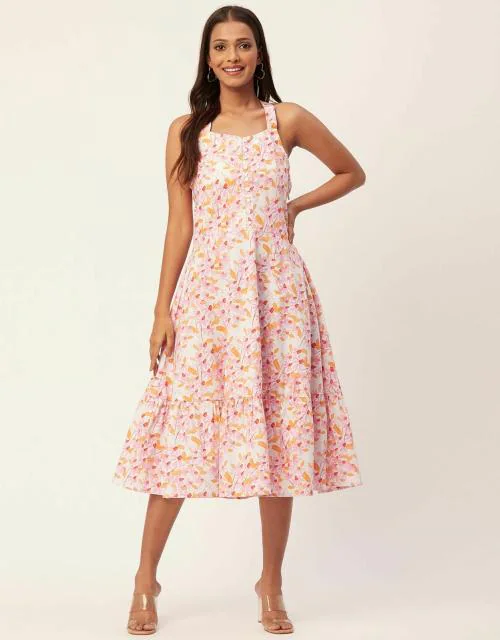 Moomaya Printed Tiered Dress With Criss-Cross Back, Resort Wear Short Dress For Women